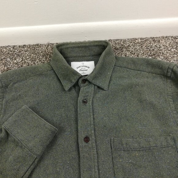 Portuguese Flannel Shirt Donegal Flecked Long Sleeve Button Up Green Mens Medium - Picture 1 of 9